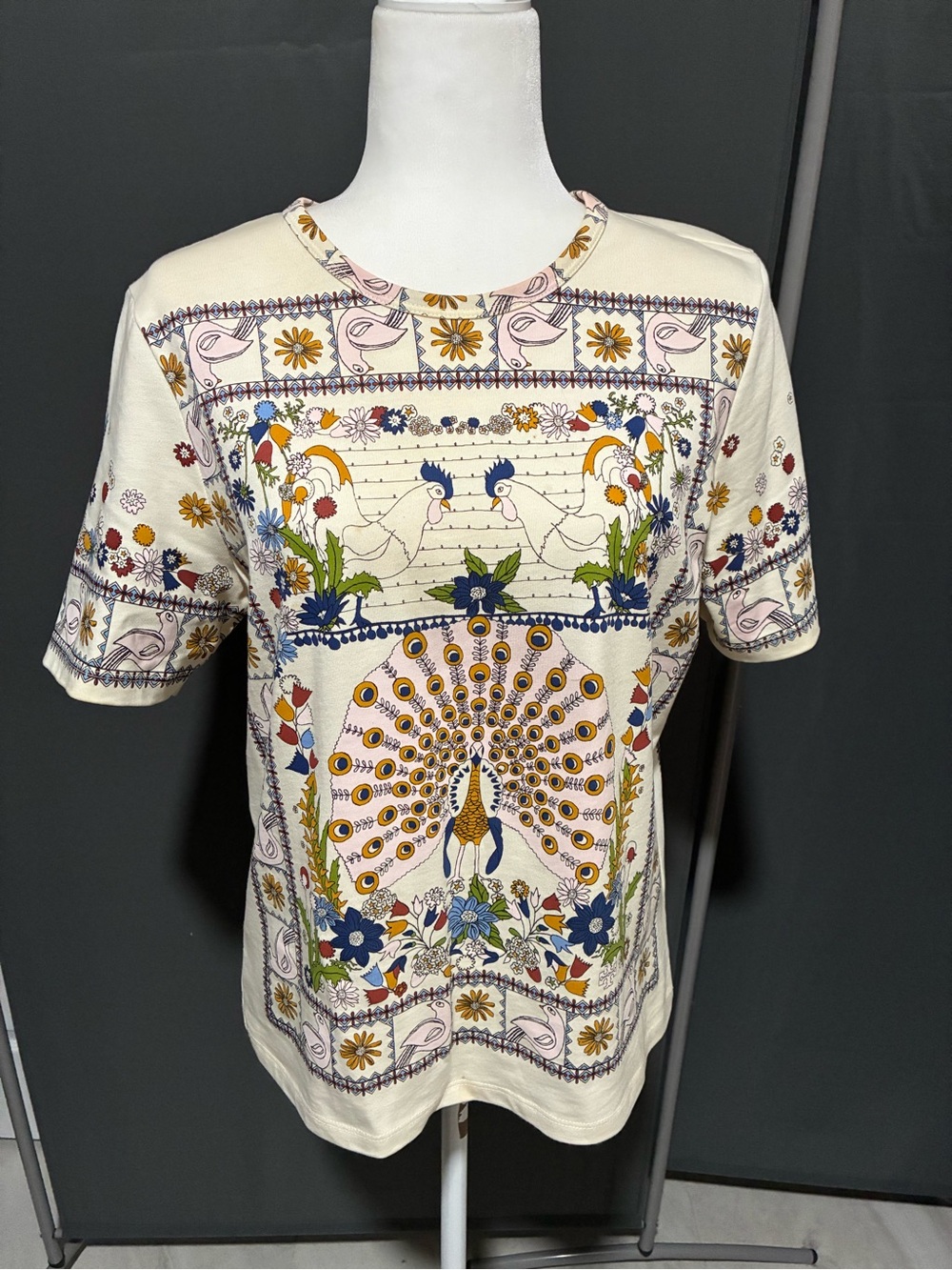 Tory Burch Cream Short-Sleeve Peacock & Floral Print Shirt